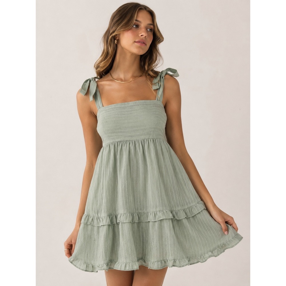 Altar'd State Sage Green Tiered Ruffle Mini Dress‎ M Tie Bow Strap Coquette Boho